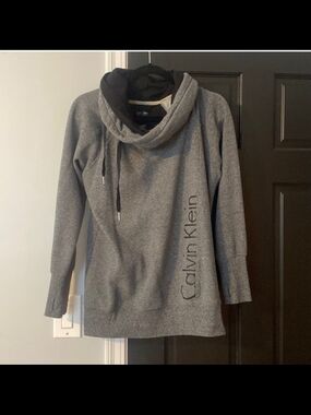 Calvin Klein Gray Funnel Cowl Neck Sweater with Drawstring
